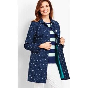 Talbots Womens Polka Dot Coat Jacket Size 6 Navy Lined Hidden Button Preppy